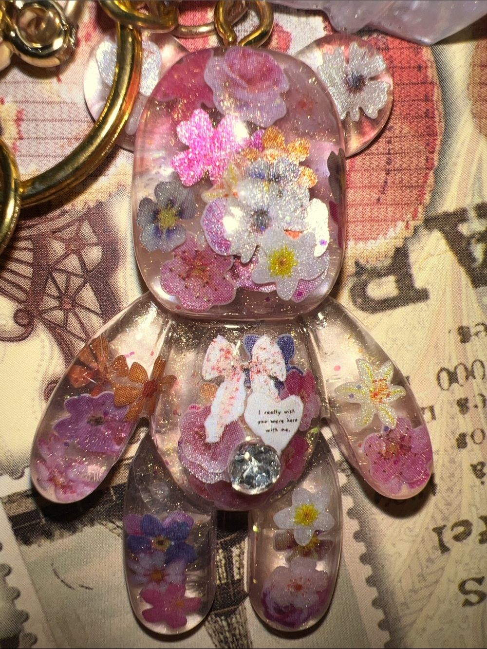 Pink Floral Resin Bear Keychain, backpack or purse charm.